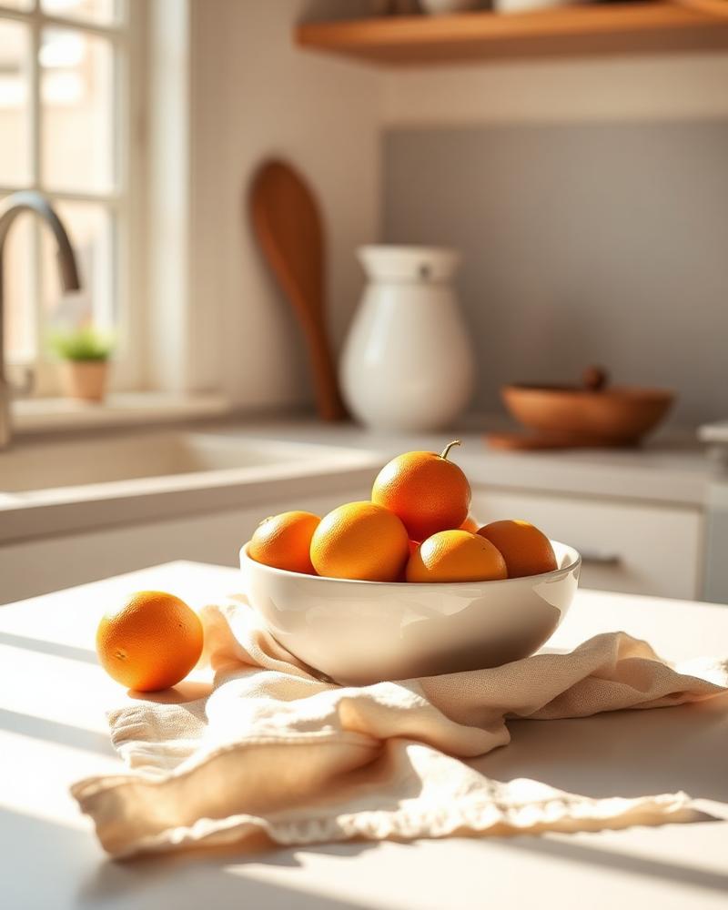 A ceramic bowl of citrus fruit on a linen cloth in sunlit kitchen
